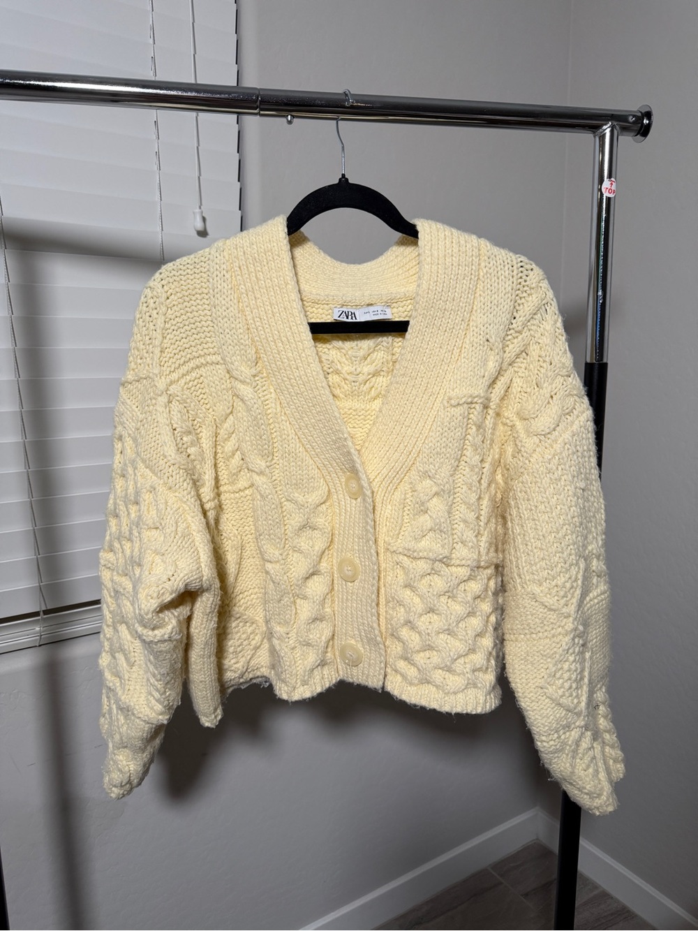 Zara Pale Yellow Cable Knit Button-Up Cardigan